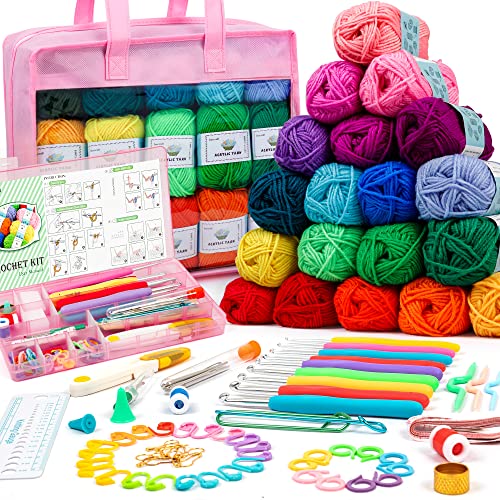 Image of Crochet Yarn Kit for Beginners Adults and Kids, Includes 1650 Yards 30 Colors Acrylic Skeins, User Manual, Hooks, Pink Bag etc, Make Amigurumi & Crocheting Projects, Starter Set for Professionals