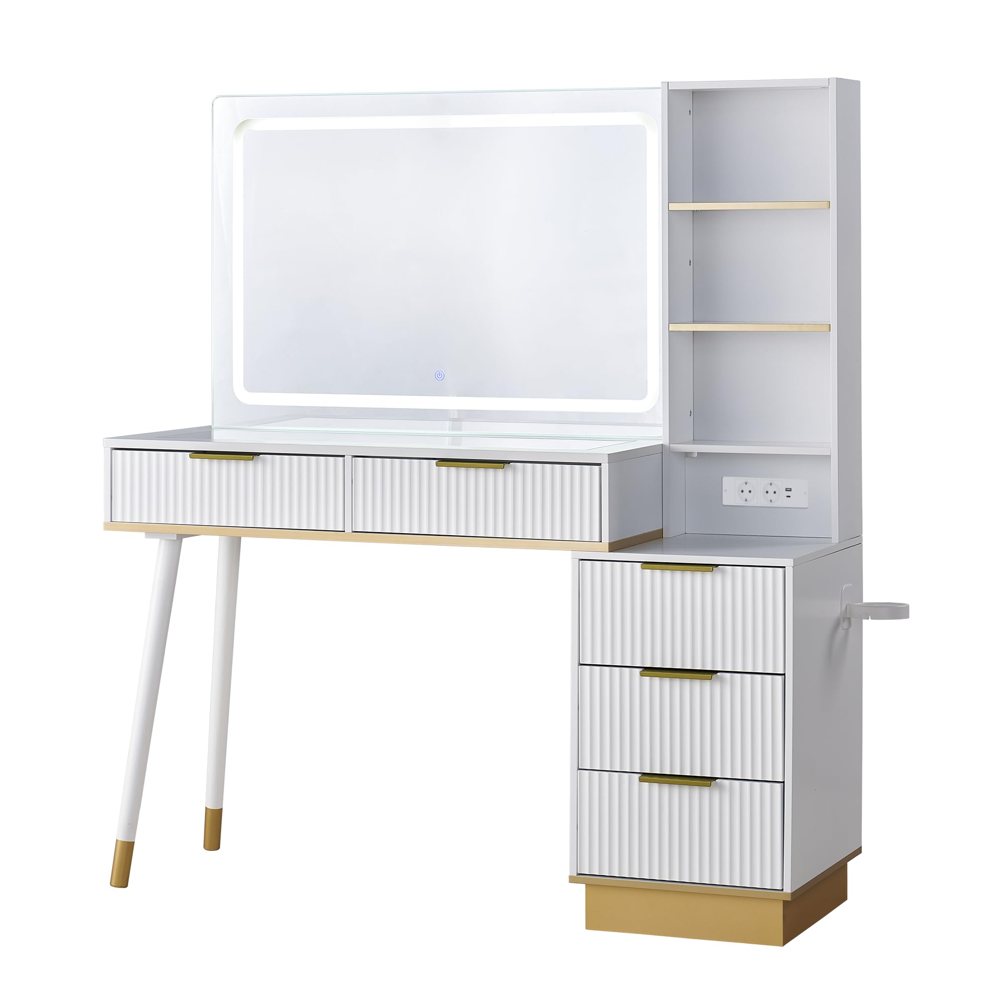 LUXOAK Großer Schminktisch mit LED-Spiegel und USB-Anschluss, 5 Schubladen, Glasplatte, Breites Design 122×40×137 cm, Stabil & Pflegeleicht, Ideal für Schlafzimmer