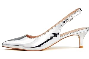Women's Metallic Silver Low Kitten Heel Slingback Ankle Strap Pump