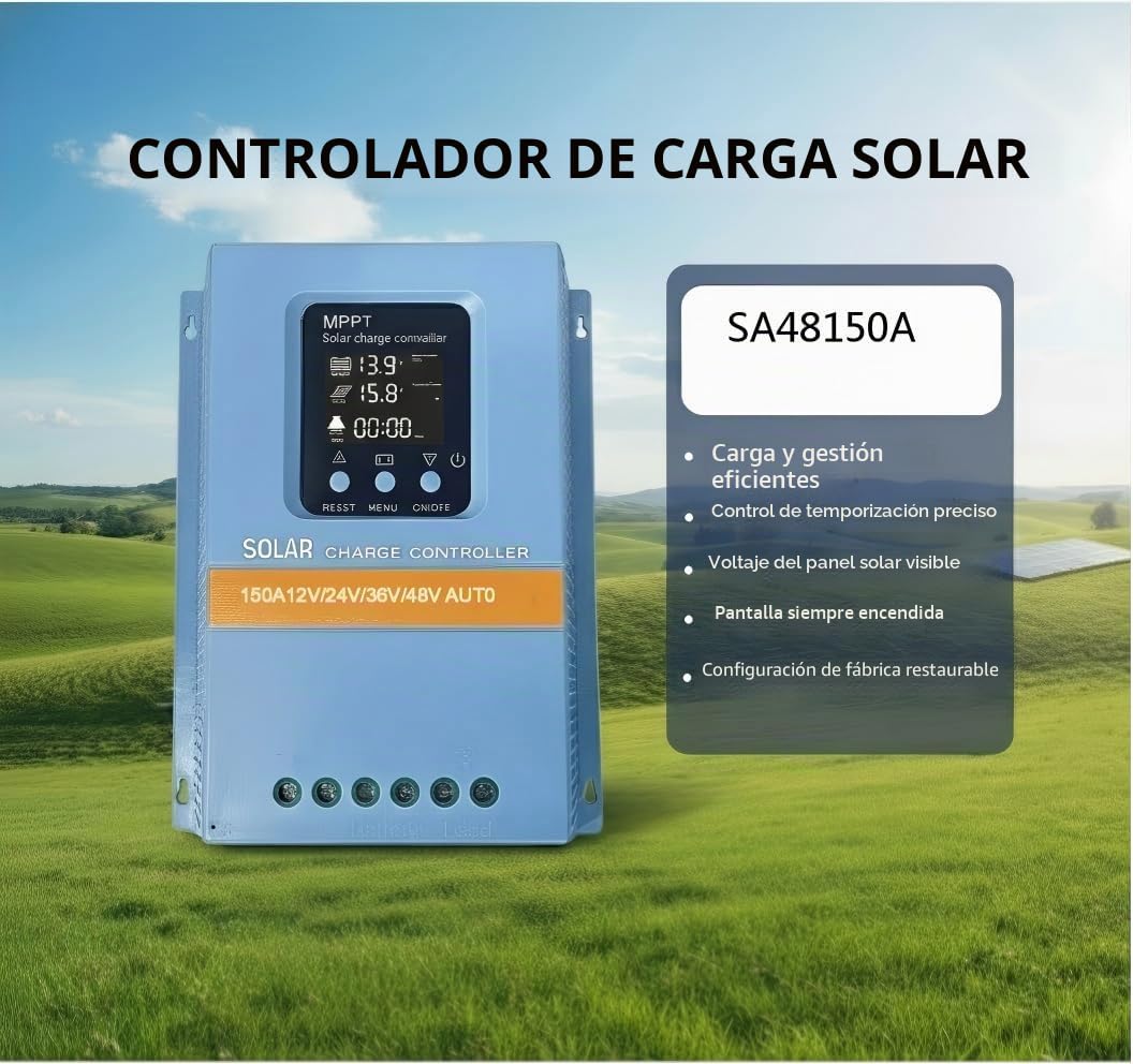 Regulador de carga solar 150A 12V 24V 36V 48V Indicador LCD de reconocimiento inteligente Regulador inteligente de batería Máx. 100V Entrada doble USB para baterías de plomo/litio