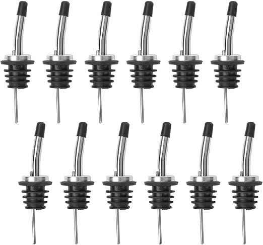 12-Pack Premium Stainless Steel Classic Tapered Spout Bottle Pourers with Rubber Dust Caps - Ideal for Standard Sized Liquor, Wine, Coffee, Syrup, Vinegar, Snow Cone and Olive Oil Bottles