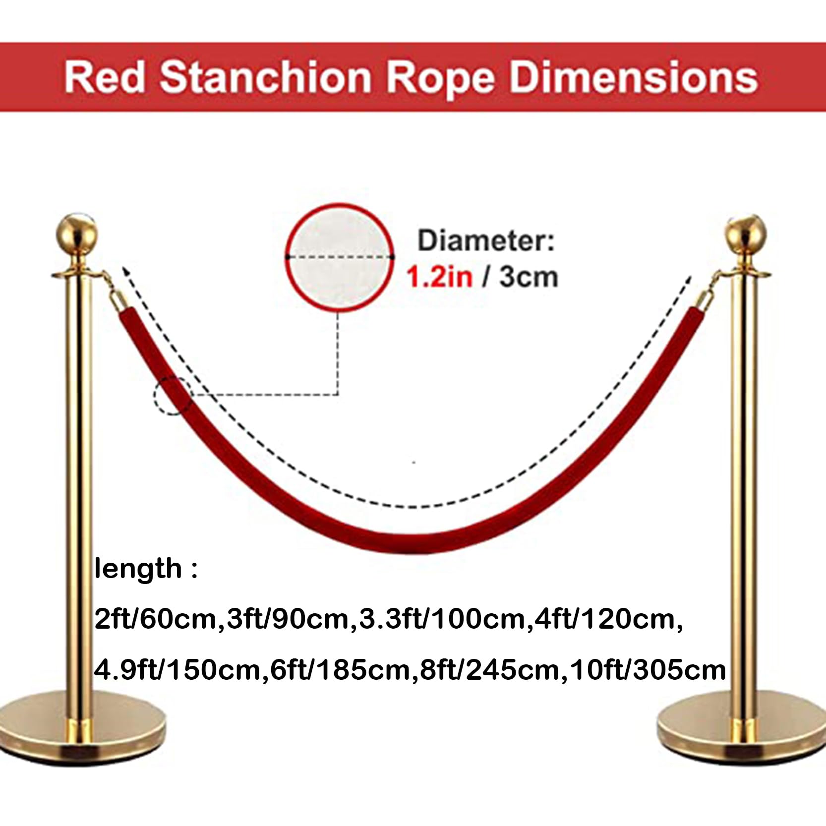 Cuerda de control de multitudes con ganchos dorados de 2 a 10 pies (60-305 cm), cuerda de barrera roja, ideal para restaurantes y hoteles, solución duradera de gestión de colas (tamaño: 90 cm)