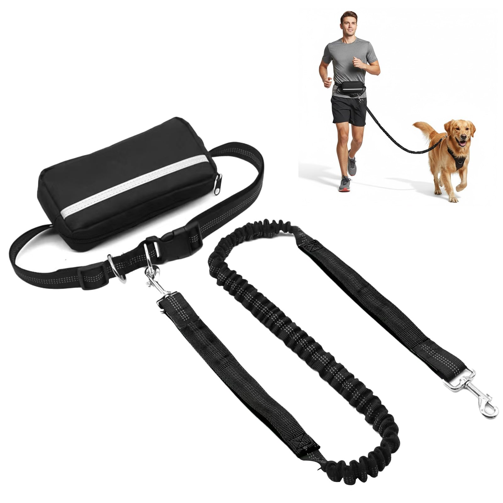 Vfrdsa Hands Free Dog Lead - Bungee Anti-Pull Dog Running Lead, Adjustable Waist Pack with Dual Handles & Reflective Strips for Outdoor Runs & Everyday Walks