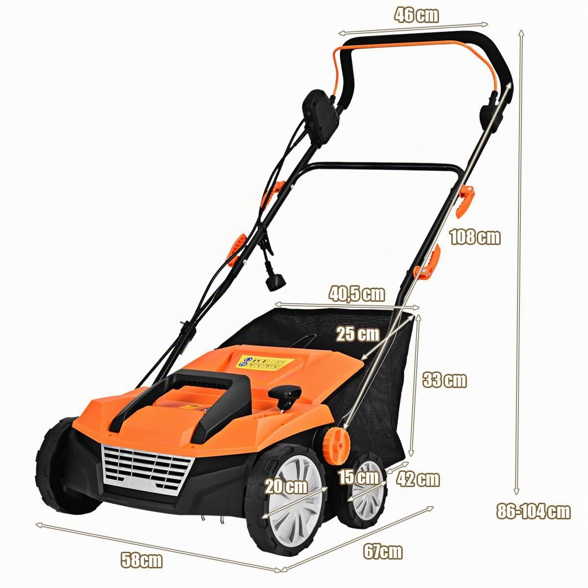 RELAX4LIFE Elektro Vertikutierer Rasenlüfter, 1800W|2-stufige|Arbeitstiefe 38cm Arbeitsbreite|45L Fangkorb, Rasenvertikutierer mit Messerwalze+Lüfterwalze, für Rasenpflege(38cm Arbeitsbreite,Orange)