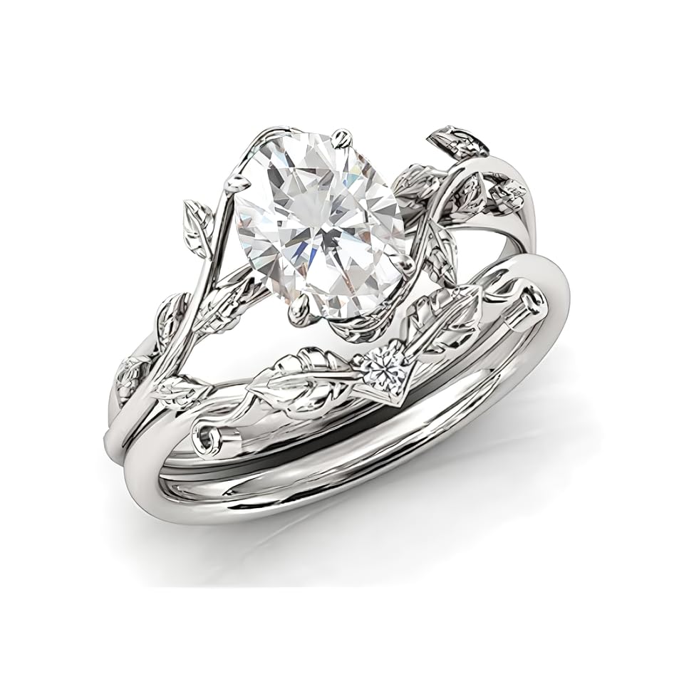 Moissanite or Lab Grown Diamond Engagement Ring 1ct Oval Cut Wedding Ring Sets for Women Art Deco Vine Leaf Moissanite Bridal Sets Moissanite Engagement Ring Set Promise Ring(D Color, VVS Clarity)4