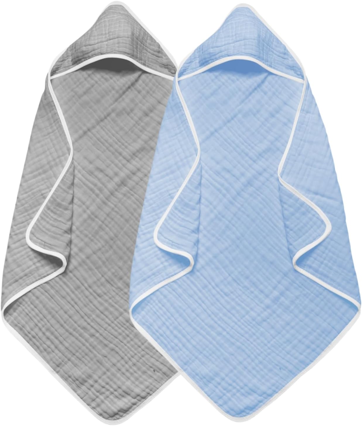 2 Pack Baby Hooded Bath Towel - 100% Muslin Cotton, 32x32 Inch, Gray & Blue with White Trim, Soft Absorbent Newborn Infant Toddler Towel