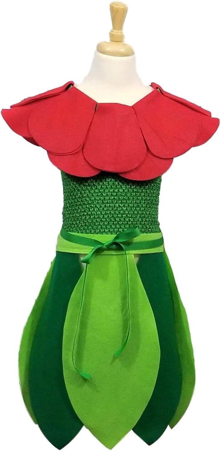 Kids Red Rose Flower Costume Set - Flower Headband, Lined Crochet Top & Leaf Skirt
