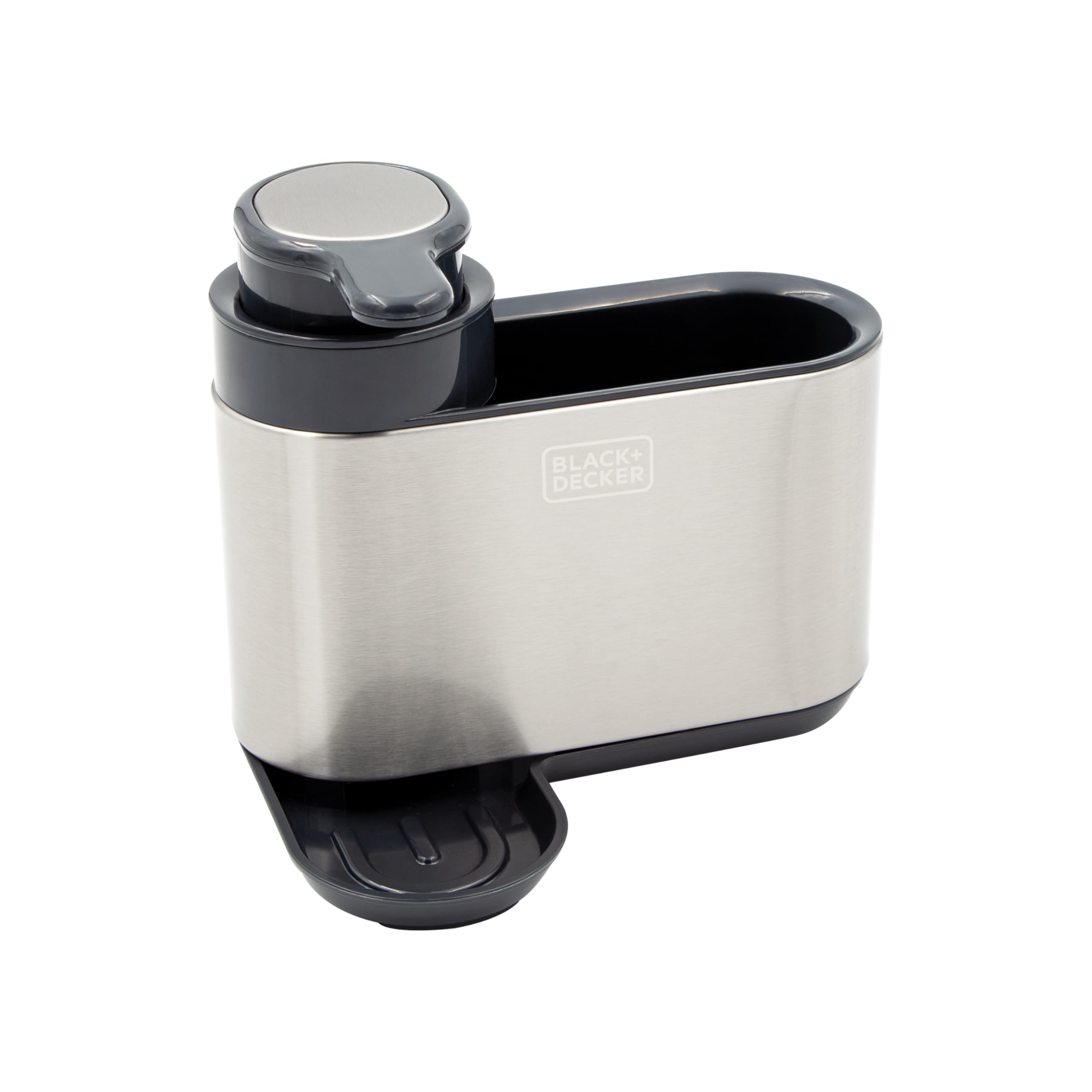 BLACK+DECKER BXSO63859GB Soap Dispenser & Sink Tidy, 230ml Capacity, Removable Drip Tray, One Press Activation, Stainless Steel Material, 15.5 x 17 x 13cm