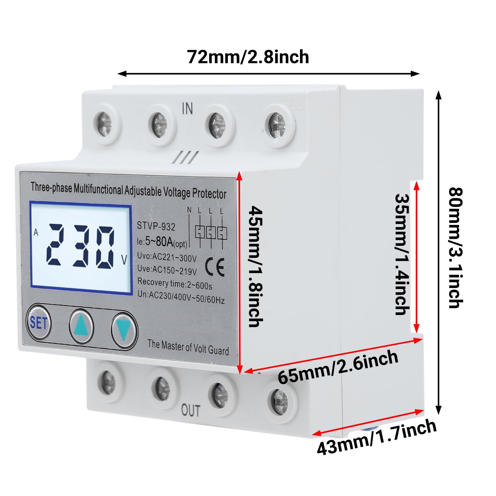 Protezione di Tensione Regolabile LCD Trifase Multifunzione Ripristino Automatico 230 V/400 V CA Protezione da Sovratensione Sottotensione Dispositivo di Protezione Della Tensione(63A)