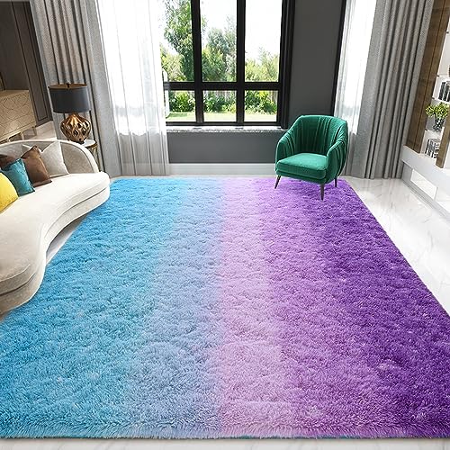 Purple Blue Area Rugs 4x6 Feet Rug for Bedroom Living Room, Cute Indoor Gradient Carpets, Plush Soft Rug for Kids Room, Fluffy Rugs for Girls Boys Nursery Room Home Decor