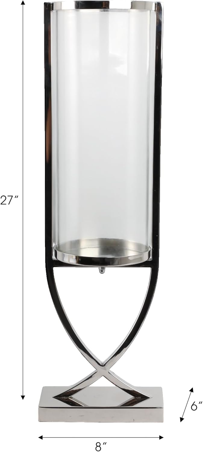 Contemporary Metal and Glass Hurricane Candle Holder - Decorative Pillar Candlestick Holder for Table Centerpiece - Elegant Home Decor Accents for Any Special Occasion Decoration - 27" Silver