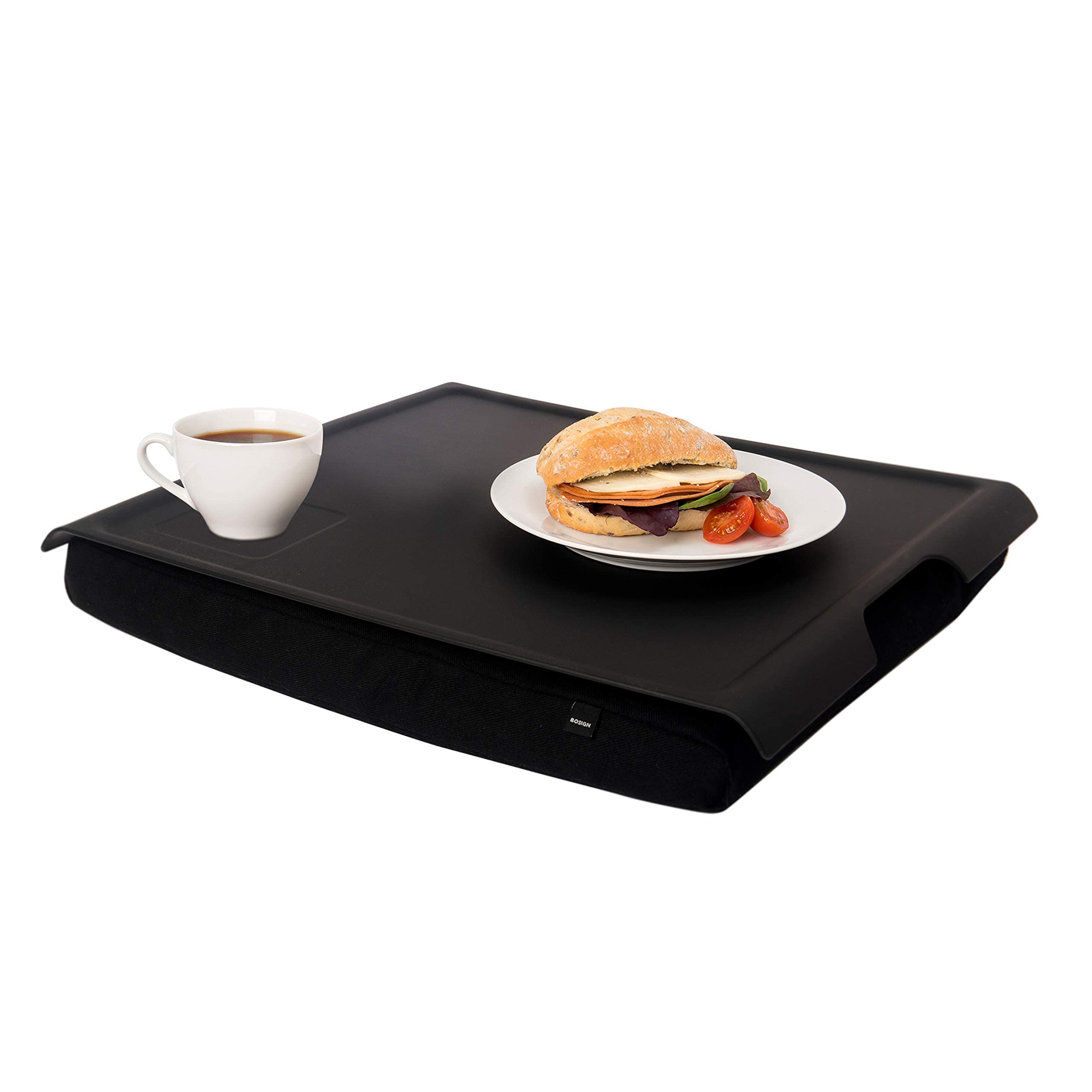 Knietablett Laptray mit Sitzsack-Kissen für Laptop, Frühstück. Rutschfestes Tablett. Abnehmbarer und waschbarer Kissenbezug. Schwarzes Tablett. Schwarzes Kissen. Groß - 46 x 38 x 6,5 cm