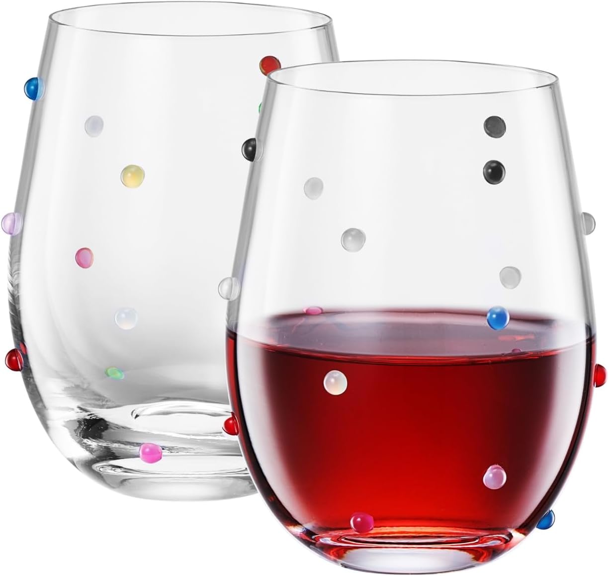 Confetti Stemless Wine Glasses Set of 2, 18.6oz Colorful Clear Glass Drinkware for Water Juice Cocktails, Modern Handmade Glassware for Parties Dining Entertaining Display Housewarming Birthday Gifts