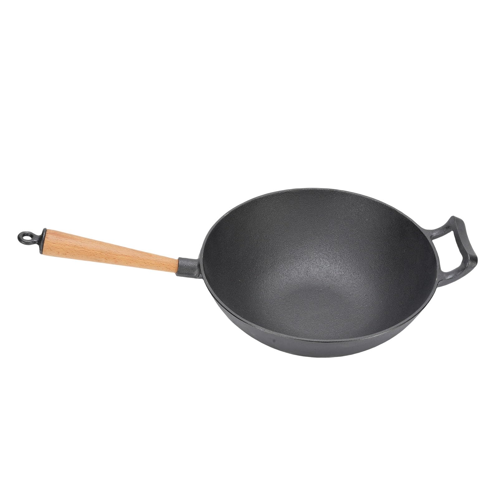Żeliwna Patelnia Wok Trwała Patelnia do Smażenia z Drewnianym Uchwytem do Kuchenki Gazowej i Grilla na świeżym Powietrzu
