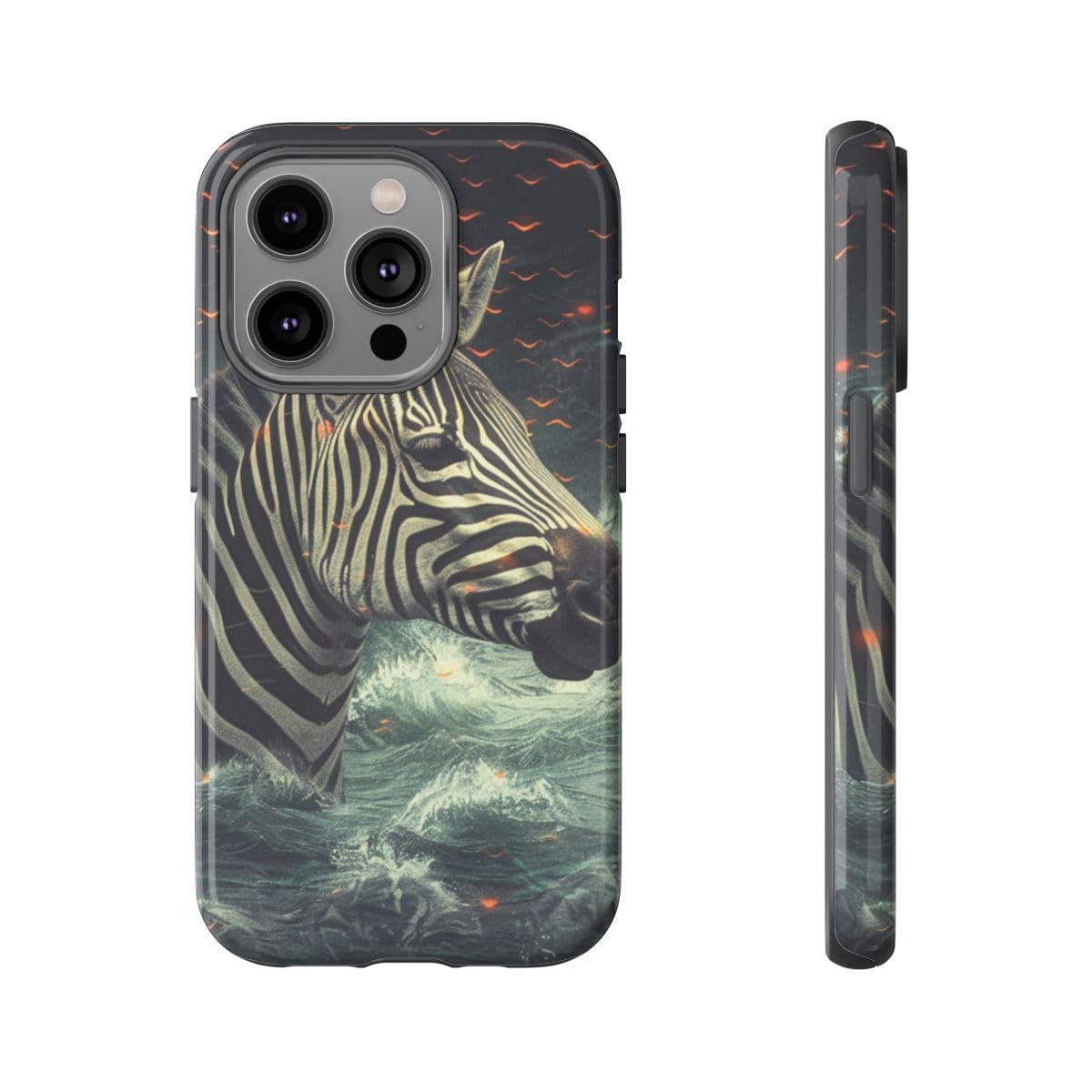 Coque iPhone 14 Pro rigide noire motif zèbre dans l'eau brillant - 5