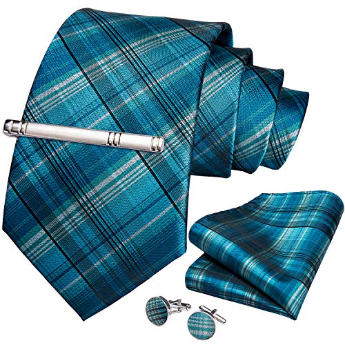 Image of DiBanGu Plaid Ties for Men Silk Checkered Necktie and Pocket Square Cufflinks Tie Clip Set with Gift Box for Wedding Business