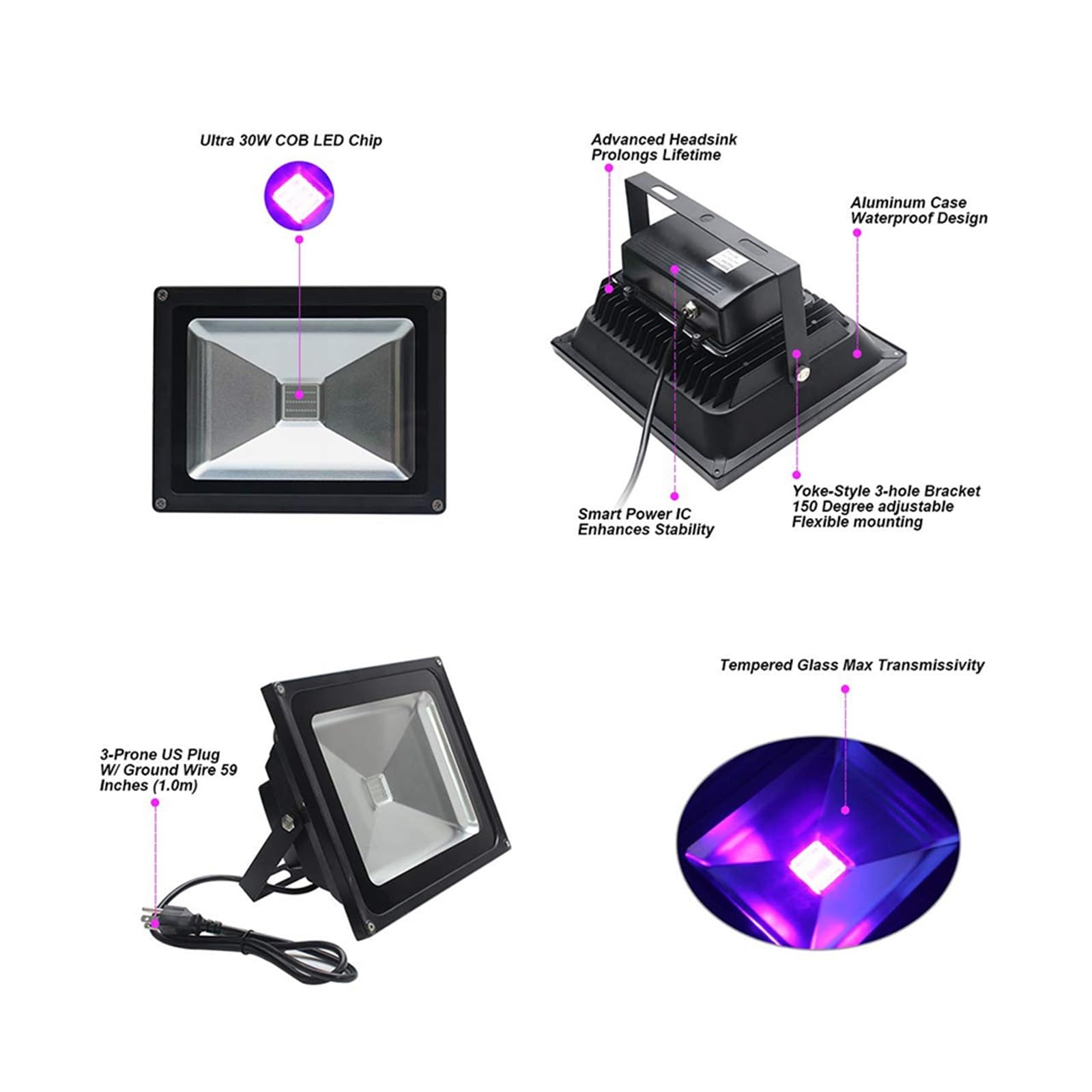 Zewnętrzny reflektor LED, Reflektor UV LED 30W Dużej Mocy Wodoodporny Ultrafioletowy Blacklight DJ Scena Dyskotekowa Lampa Na Świąteczną Imprezę Z Okazji Halloween,Super Jasne Światła Punktowe