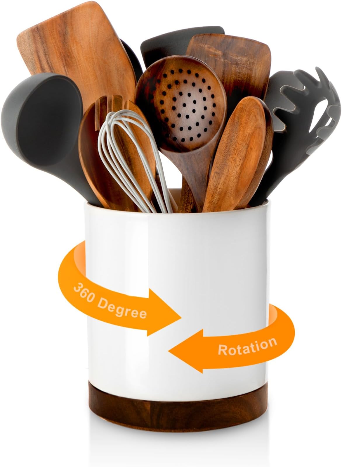 Nucookery 360° Rotating Utensil Holder, 7.2" Large Utensil Crock, White Ceramic Cooking Utensil Organizer with Countertop-Protection Cork Bottom for Farmhouse Kitchen Decor Gift (White)