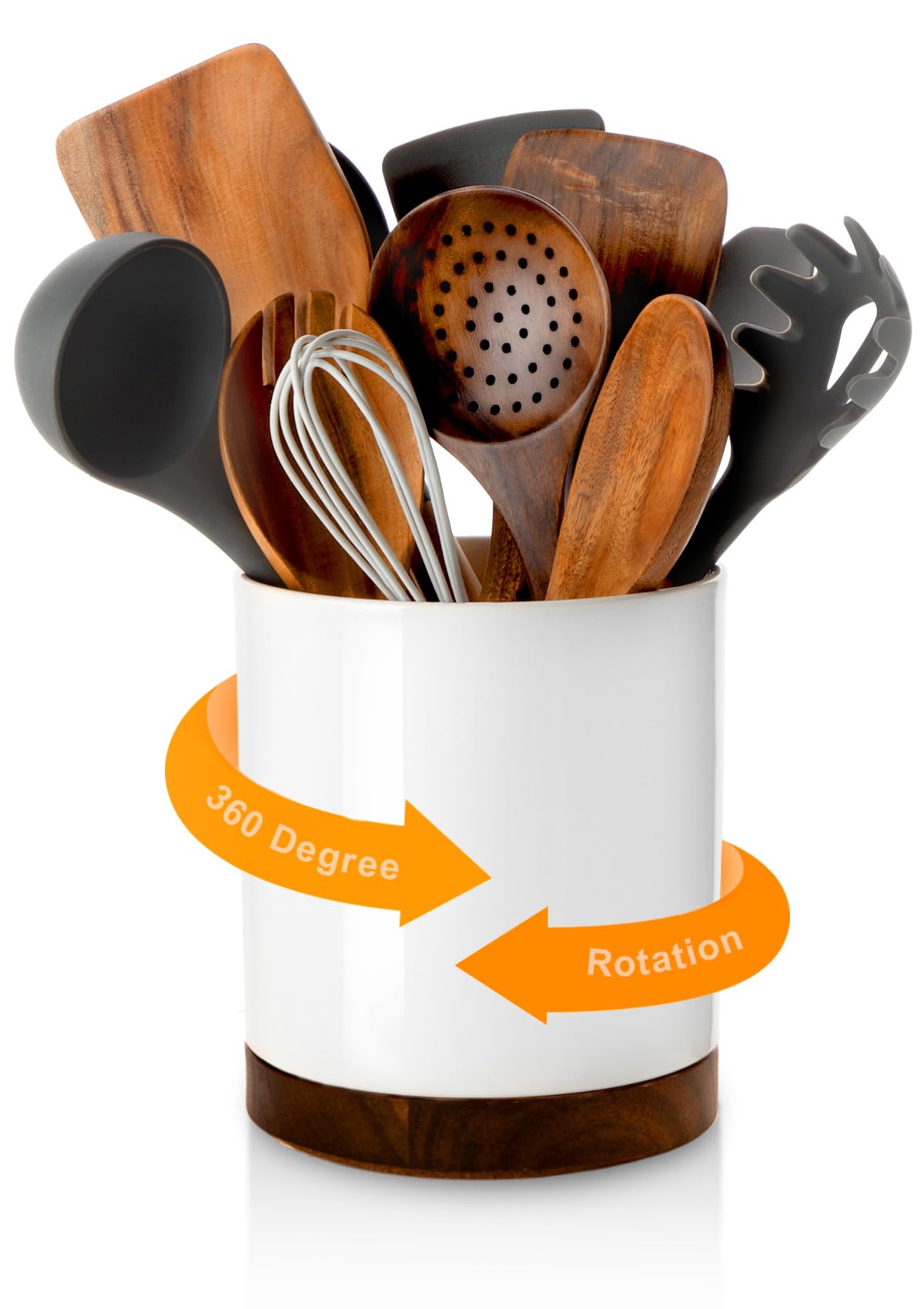 Nucookery 360° Rotating Utensil Holder, 7.2" Large Utensil Crock, White Ceramic Cooking Utensil Organizer with Countertop-Protection Cork Bottom for Farmhouse Kitchen Decor Christmas Gift (White)