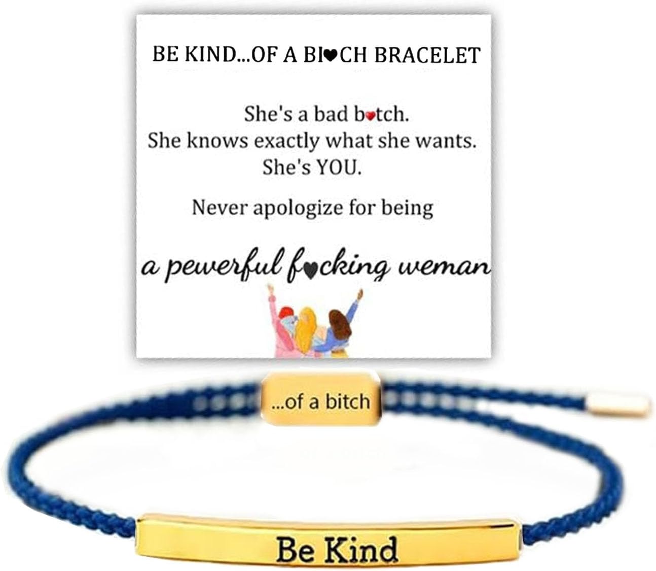 Be Kind of a Bitch Tube Bracelet, Adjustable Braided Rope Handmade Engraved Inspirational Stainless Steel Best Bitches Motivational Gifts for Women