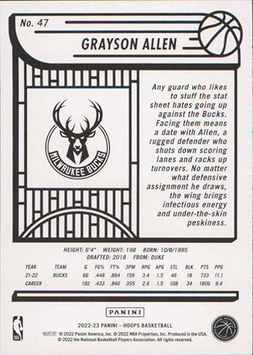 Miniatura 2 de 2022-23 Panini NBA Hoops #47 Grayson Allen NM-MT Milwaukee Bucks Basketball Trading Card NBA