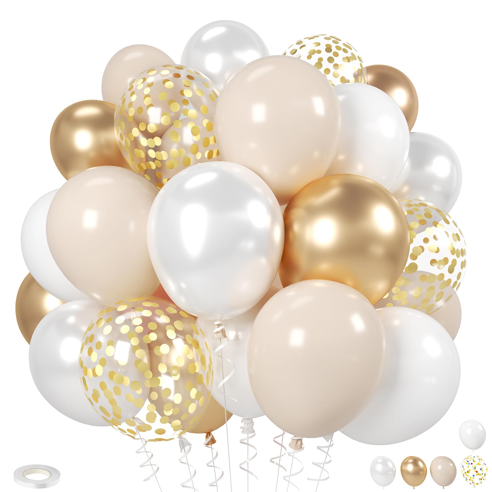White and Gold Balloon, 12 Inch Pearl White Champagne Gold Latex Balloons, 20 Pcs Metallic Gold and Confetti Balloons for Kids Birthday Party Baby Shower Wedding Decorations