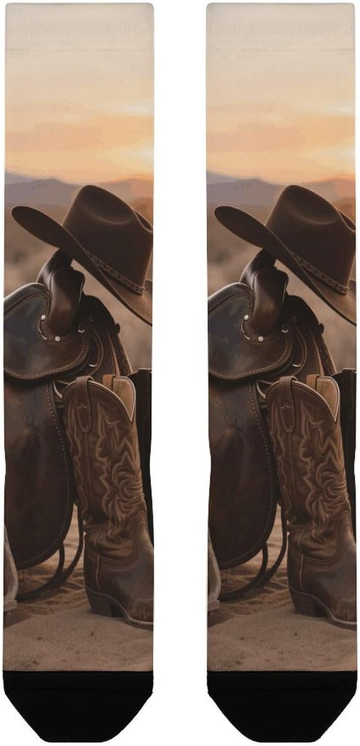 Cowboy Hat Boot Knee High Soccer Socks Moisture Wicking