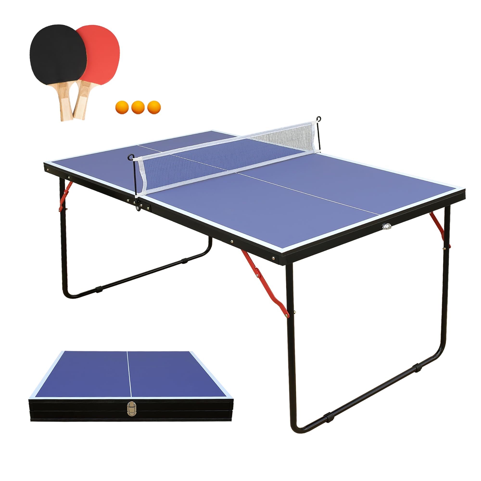 Tischtennisplatte mit Netz & Schläger-Set, Outdoor & Indoor klappbar – inklusive 2 Schlägern und Bällen, Stabiles Design mit Blauer Spielfläche – Einfacher Aufbau für Kinder und Erwachsene