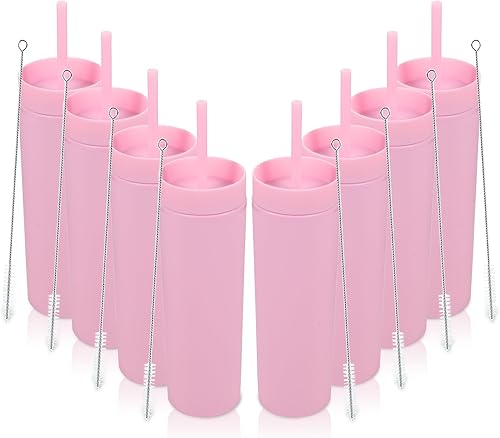 Volhoply Vaso delgado de plástico de 16 onzas con tapa y pajita, paquete de 8 unidades, vasos aislados de doble pared de acrílico mate, sin BPA,