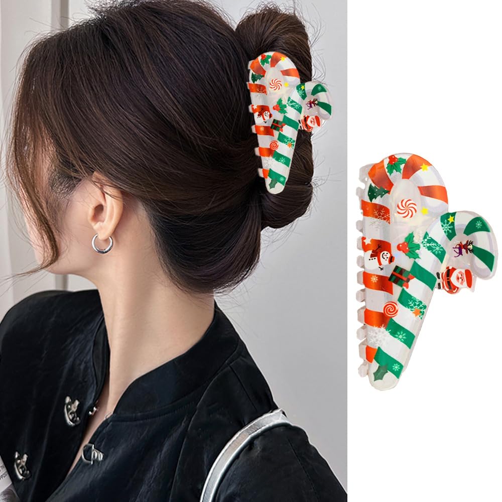 Christmas Hair Claw Clips - Xmas Red & Green Candy Cane Design - Large Acrylic Claw Clips with Santa Claus, Snowman & Elk Pattern - Strong Hold Hair