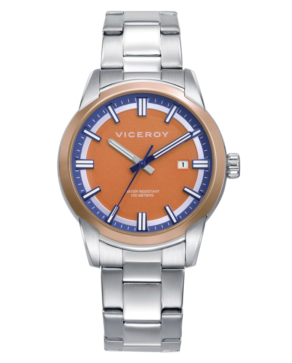 Viceroy Reloj Hombre Analógico de Acero - Acabado Bitono - 40 mm - Movimiento de Cuarzo - Tres Agujas - Esfera Naranja - Sumergible 10 ATM - Colección Abraham Mateo – 401503-97