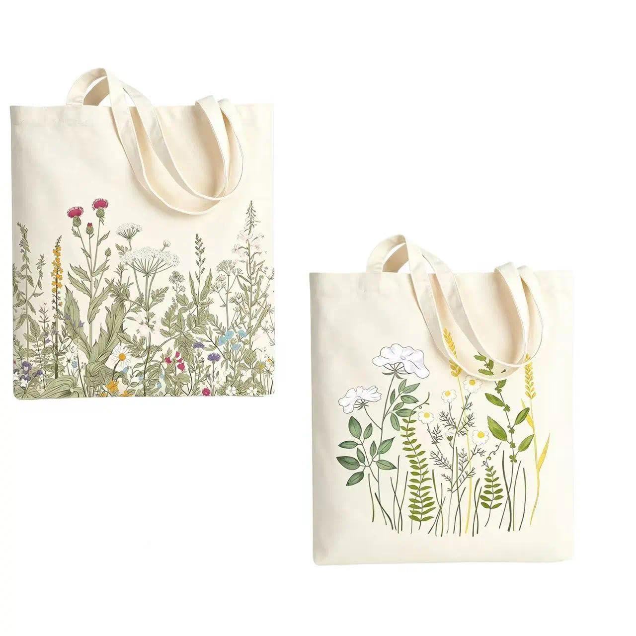 2Pcs Floral Canvas Tote Bag for Women, Colorful Floral Canvas Tote Bag