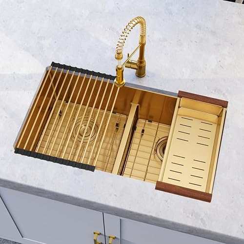 Miniatura 3 de Fregadero de cocina dorado, fregadero de cocina hecho a mano de 32 x 18 pulgadas, doble tazón 5050, calibre 16, acero inoxidable con accesorios