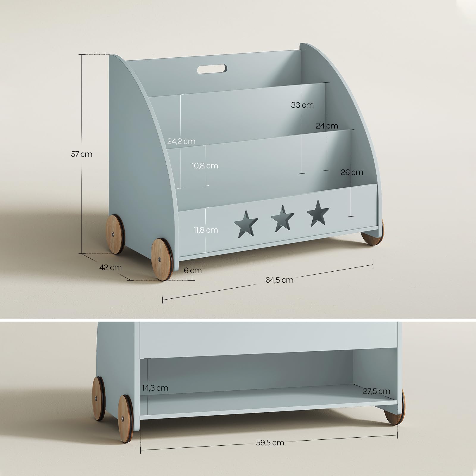 WOLTU Estantería para Niños con 4 Ruedas y 3 Estantes Pequeños, Librero Infantil para Habitación Organizador Multiusos, Estante de Mini Libreria Gris Maderam