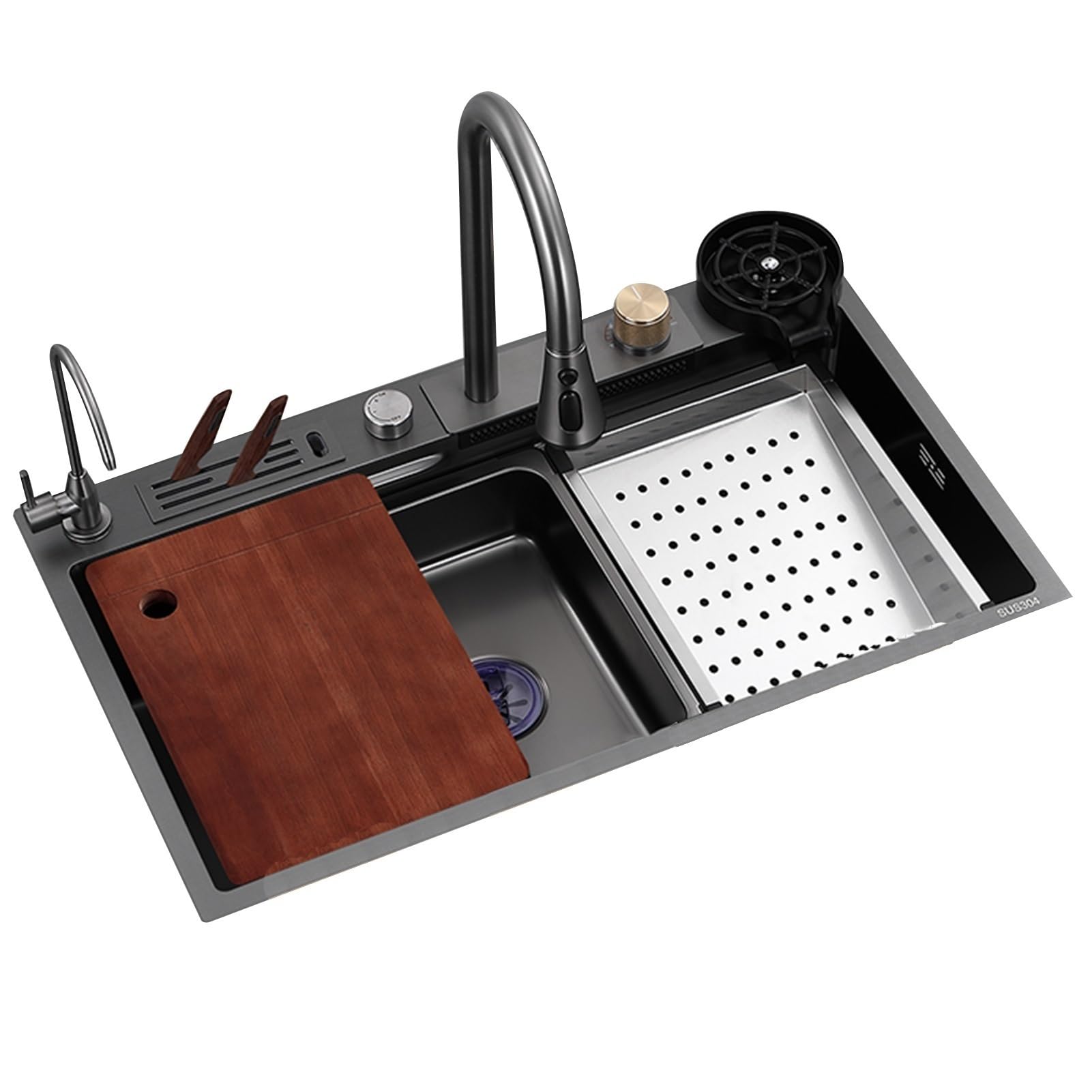 ZQFHSX Kitchen Sink Feiyu Waterfall With Cup Washer Intelligent Counter Control Household Washbasin (Color : Black, Size 75 * 46cm)