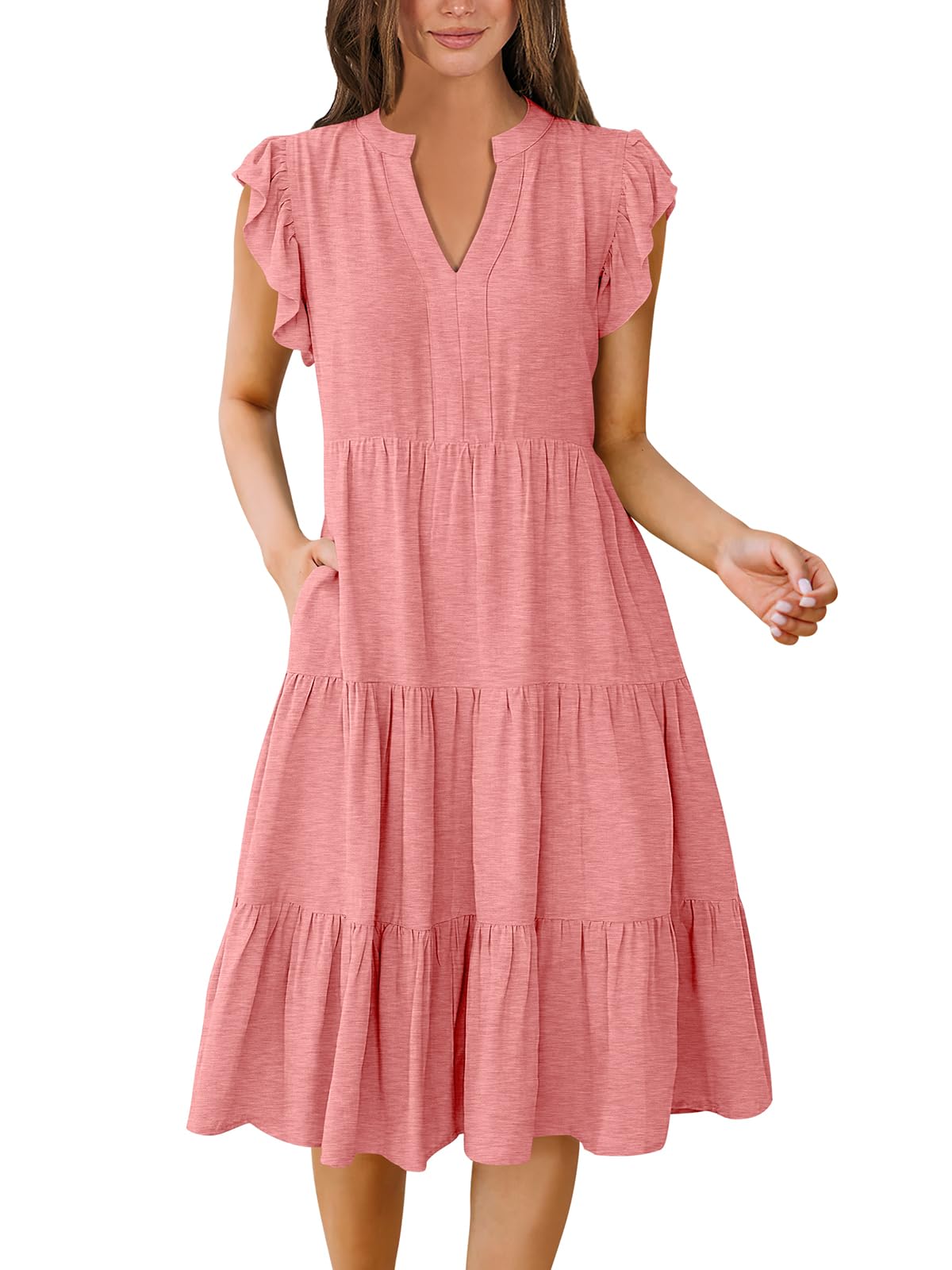 ANRABESS Womens Summer Dress Ruffle Sleeve V Neck Midi Dresses Fashion Casual Fit Flowy Tiered Boho Beach Vacation Sundress