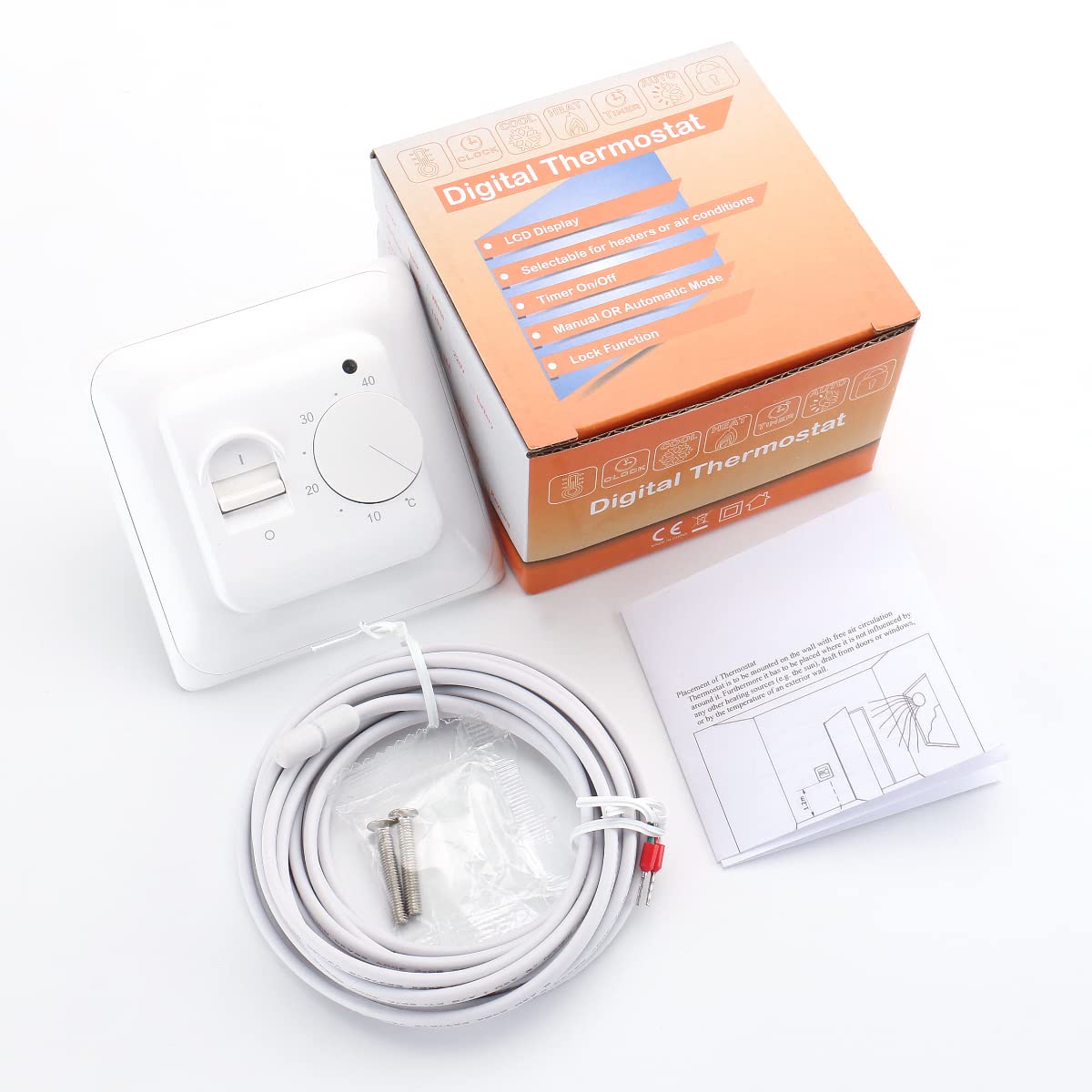 Wengart Thermostat mécanique WG01, AC 230 V 16 A pour appareils de Chauffage électrique avec sonde de capteur de Sol, Blanc