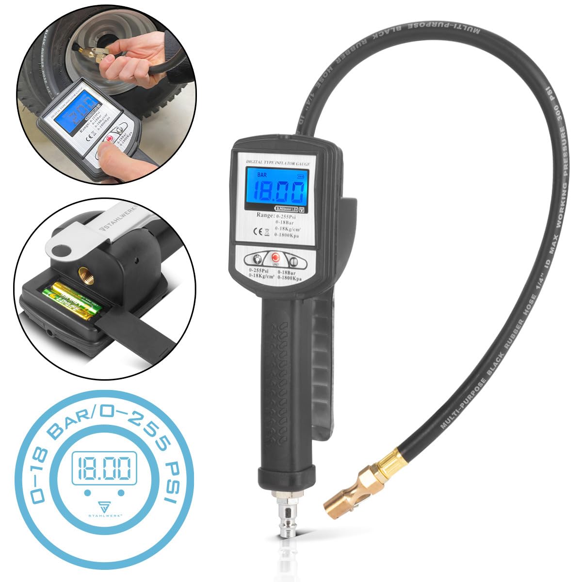 STAHLWERK Inflador digital de aire comprimido DRP-18 ST | Inflador de aire comprimido con manómetro digital | Manómetro digital para coches, camiones, motos, bicicletas | Rango de medición 0-18 bar