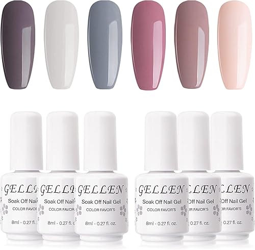 Gellen Kit de esmalte de uñas en gel, 6 colores grises Nude, diseño popular de arte de uñas, pasteles clásicos, tonos naturales, esmalte de gel para