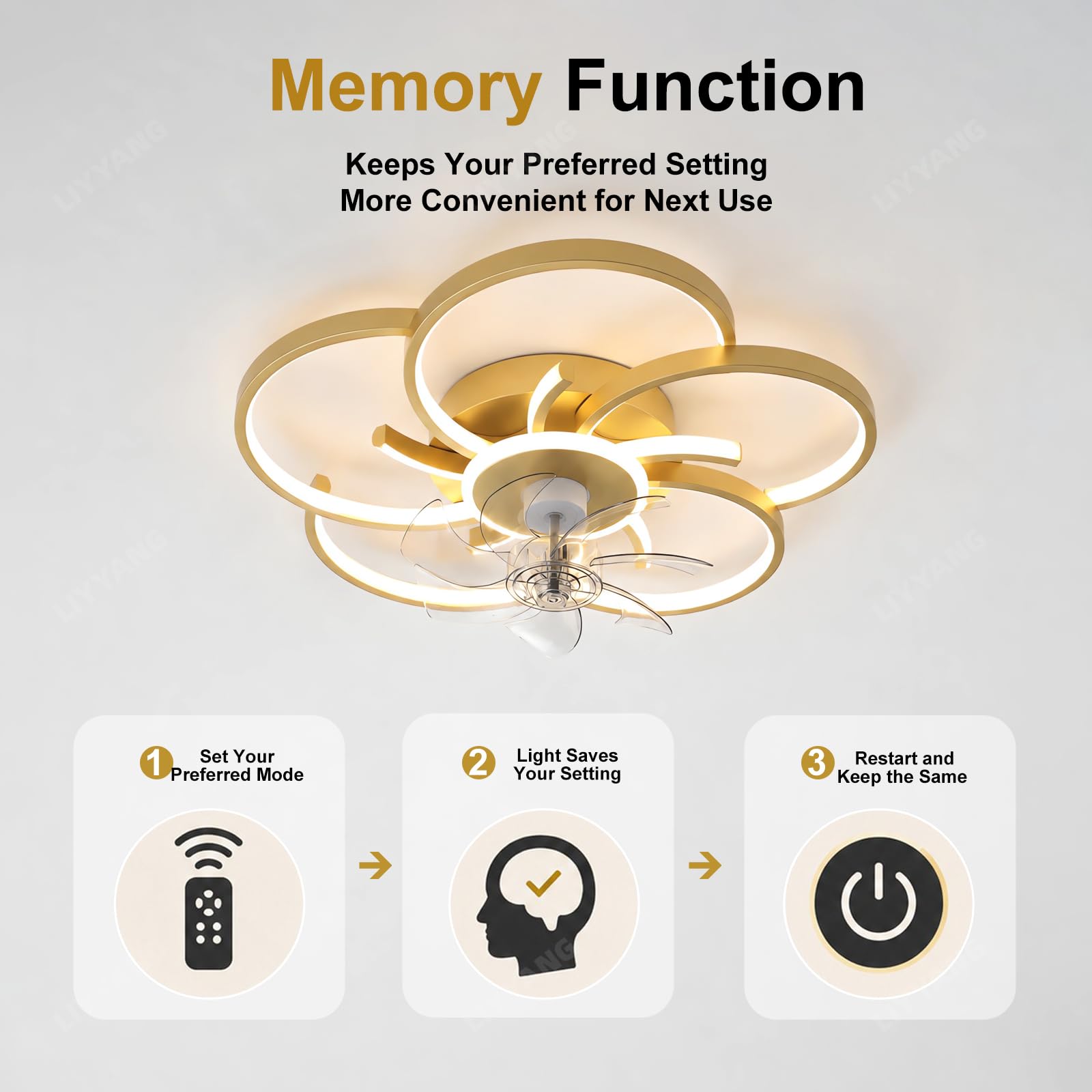 37W Kreis LED Deckenleuchte mit Ventilator, Moderne Dimmbare Deckenventilatoren, 6-Speed Lampe mit Ventilator Mit Fernbedienung App Timer Leiser für Schlafzimmer Esszimmer Büro (Gold)