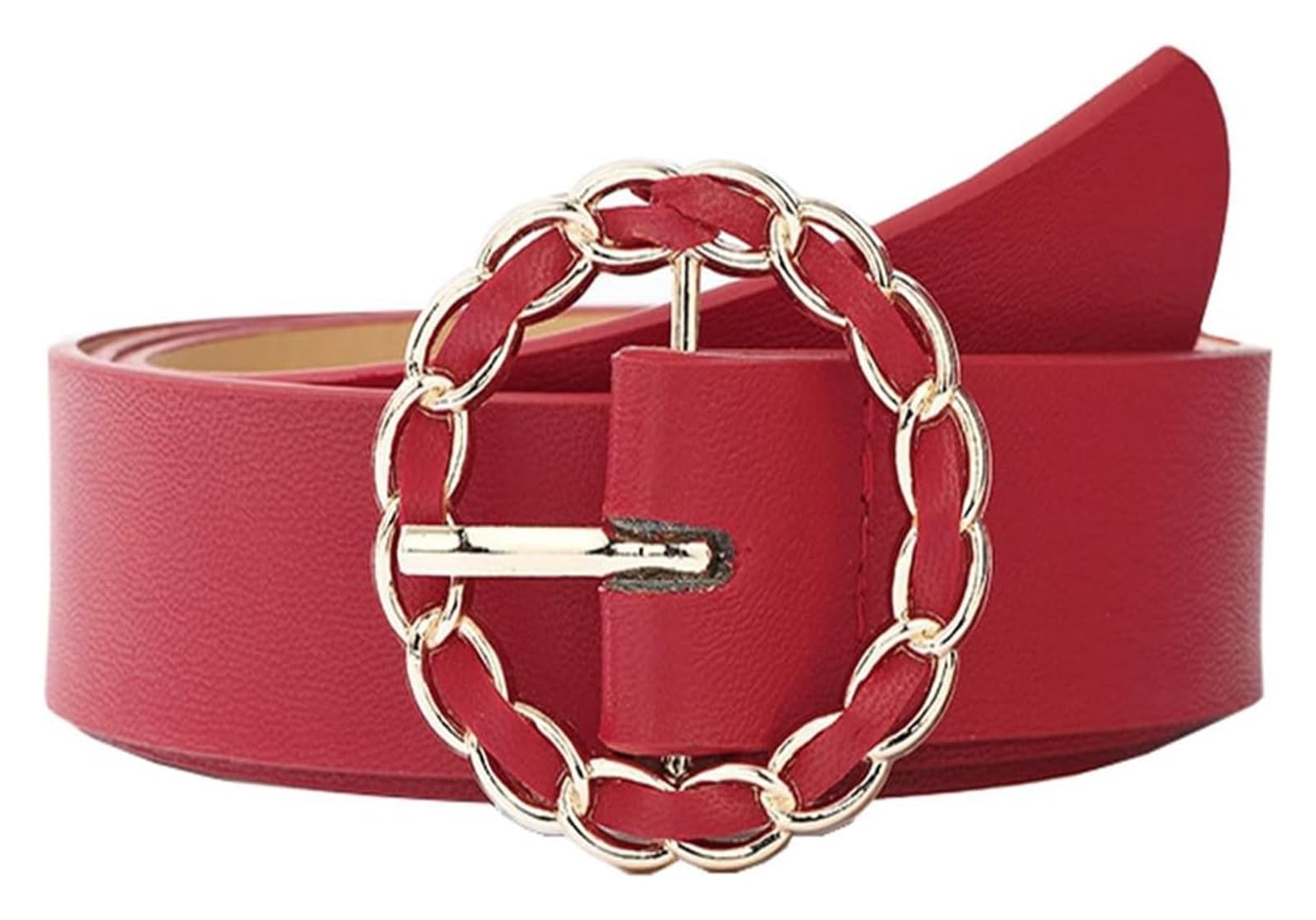 dfEDRd Ladies Waist Belt, 105cm Women Solid Color Soft Leather Waistband Adjustable Alloy Round Buckle Belt Elegant(Red)