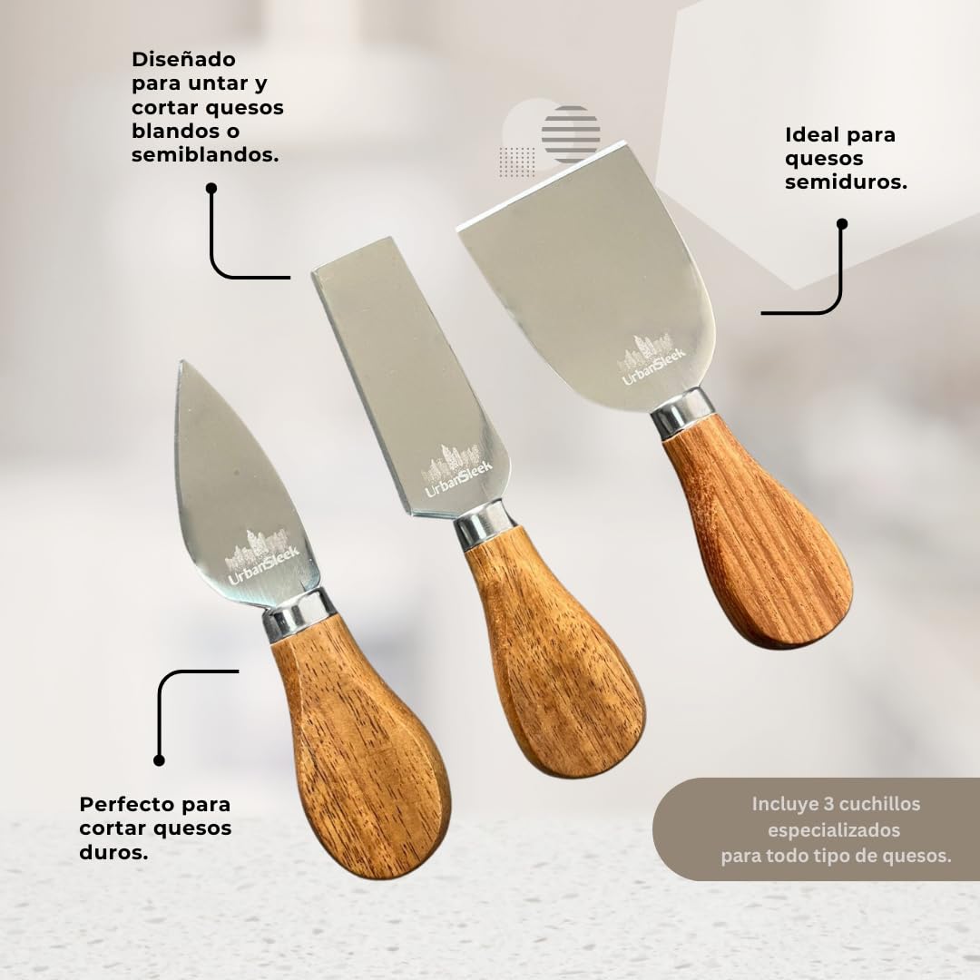 Tabla de Cortar Quesos y Charcutería con Cubiertos, Material: Madera de Acacia Antibacterial, mármol cultivado, Acero Inoxidable. Set Completo en una Caja de Regalo Elegante