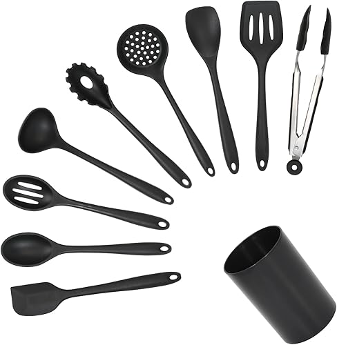 GreatChef Juego de 10 utensilios de cocina de silicona para servir y utensilios de cocina antiadherentes, espátula ranurada, cucharón de sopa,