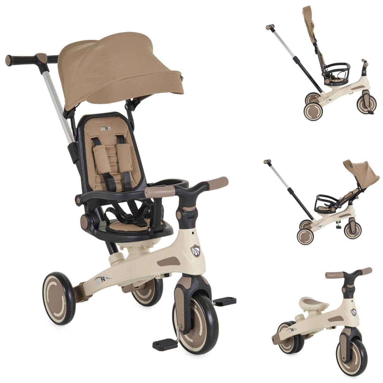 Dreirad, Tricycle Juno 4 in 1 Laufrad Schiebegriff Sitzdrehung Sonnendach beige