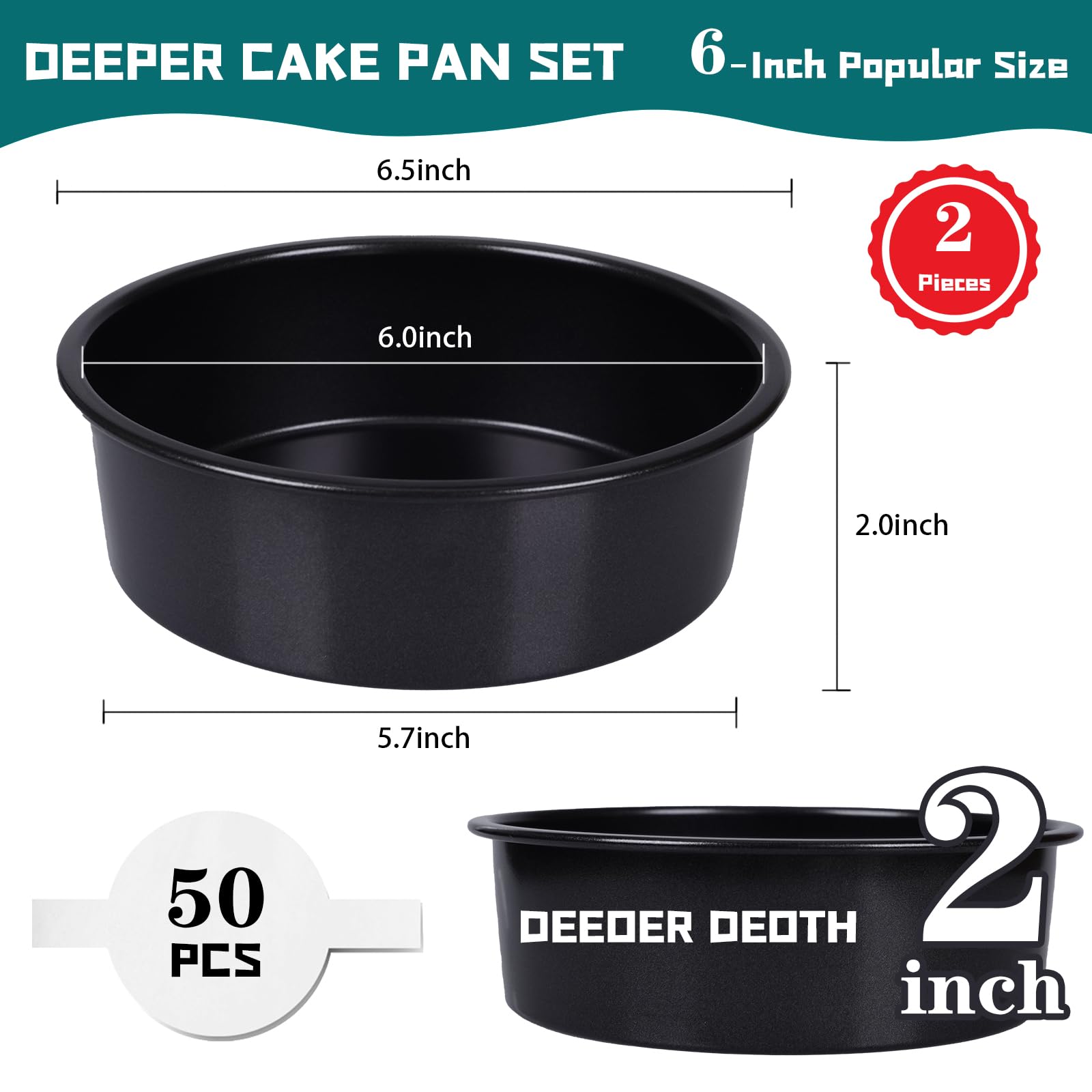 Molde para tartas de 6 pulgadas, 2 moldes redondos para tartas con 50 piezas de papel pergamino, antiadherentes y profundos para hornear, color negro