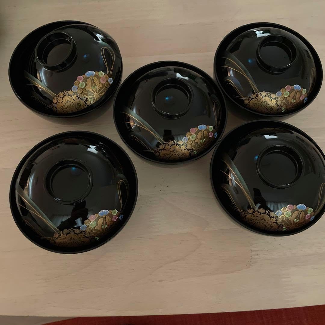 高級輪島塗 わじま 市中泰三漆器店 黒漆沈金 吸物椀5客 輪島塗〈大藤