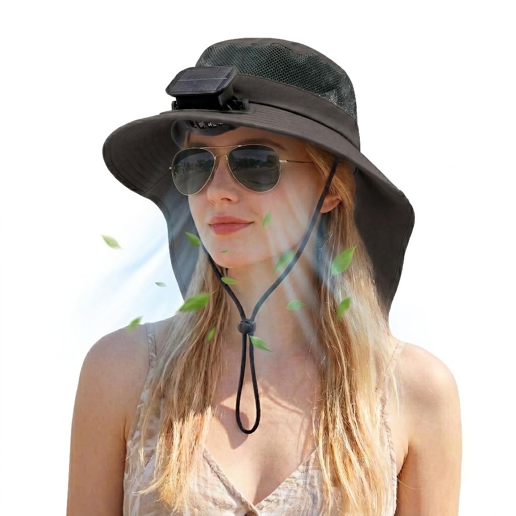 Photo 1 of Solar Panel Powered Fan Built in Wide Brim Outdoor Fishing Hat USB Charging Men Ultralight Sun Bucket Mission Cool Cap for Garden Boonie Summer Beach Safari Hiking Camping Mowing Sunhat UV Protection