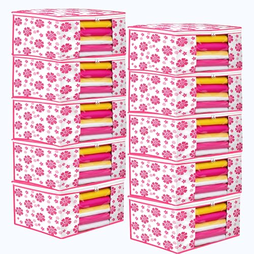 Image of Flower Printed Saree Covers for Cloth Storage & Wardrobe | Transparent Window, Zipper Closure | Pink-White | Pack of 10 | Dustproof Breathable Storage Bag for Travel & Home Use