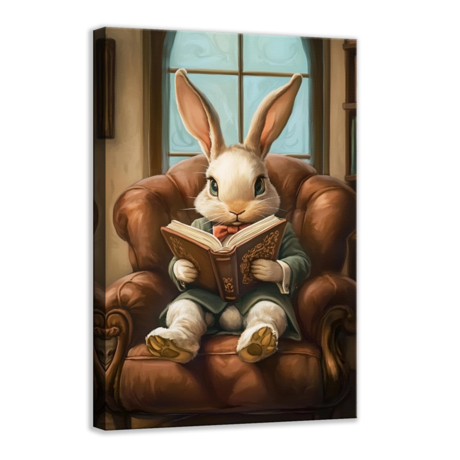CCWACPP Bunny Wall Art Print Rabbit Reading Book Painting Vintage Academic Artwork Spring Animal Canvas Easter Decor for Kid Bedroom Home Office Framed (30.00 x 45.00 cms)