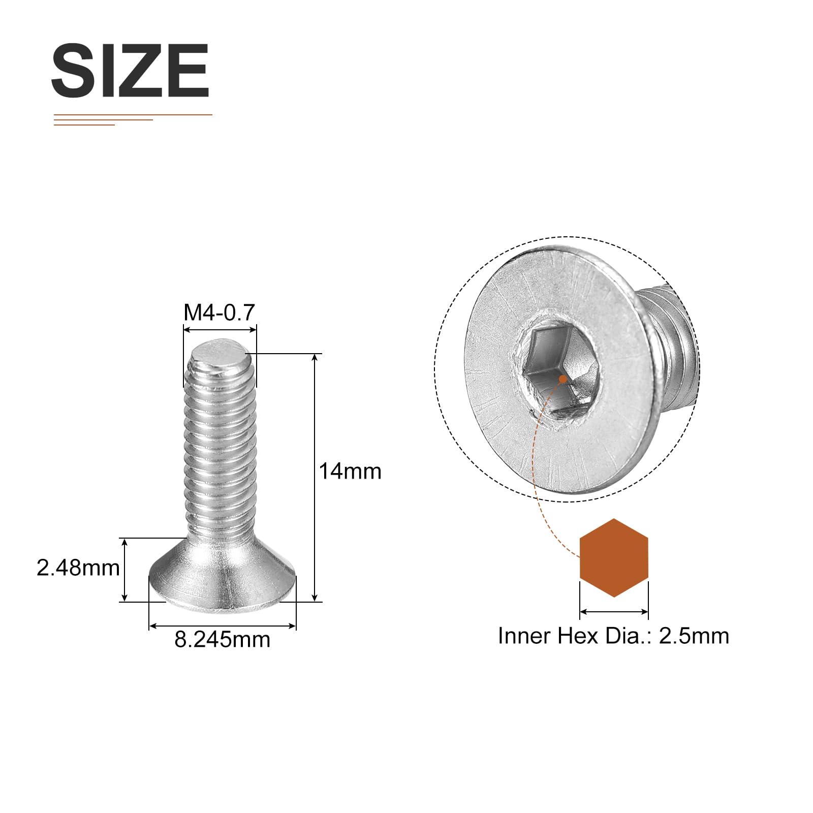 DTGN M4-0.7 x 14mm Flat Head Socket Cap Screws, 100 Pack 304 Stainless Steel Hex Socket Flat Head Screws, Full Thread - Image 2